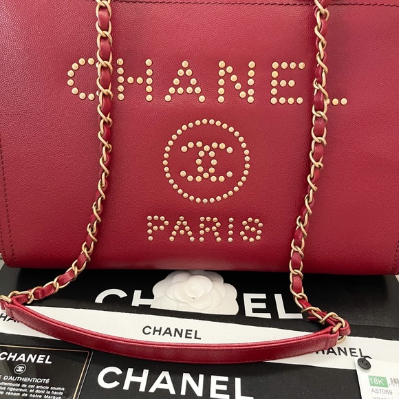 Sold! Chanel Medium Deauville Caviar Studded Red Leather Tote - Picture 6 of 15